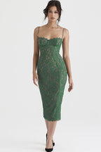 Vintage Eyelash Sweetheart Bodycon Lace Cocktail Midi Dress - Green