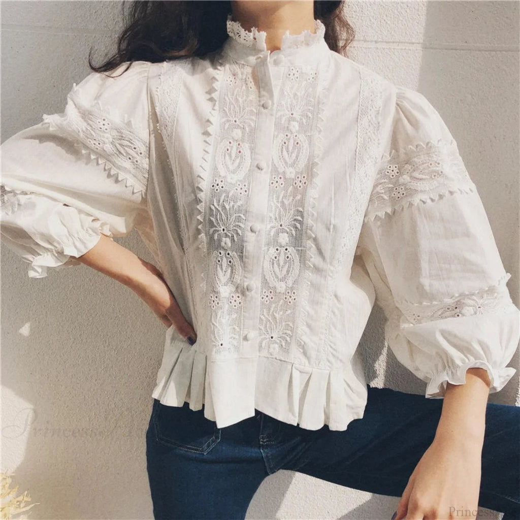 Vintage Floral Embroidery Cotton Linen Lantern Sleeve Boho Blouse