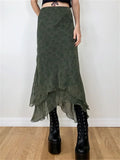 Vintage Floral Midi Skirt High Waist Mesh Irregular