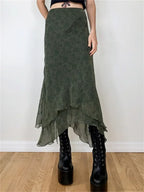 Vintage Floral Midi Skirt High Waist Mesh Irregular