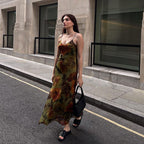 Vintage Floral Print V Neck Slip A-line Maxi Dress - Green