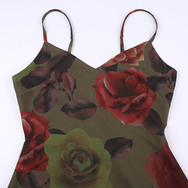 Vintage Floral Print V Neck Slip A-line Maxi Dress - Green