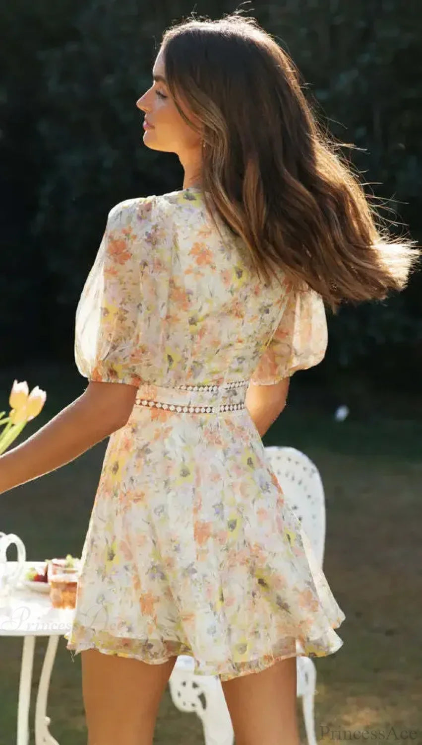 Vintage Floral Print Long Sleeve Hollow Out Sexy V-neck Mini Boho Dress