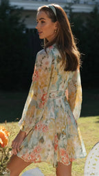 Vintage Floral Print Long Sleeve Hollow Out Sexy V-neck Mini Boho Dress
