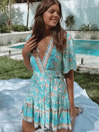 Vintage Floral Print Short Sleeve V-neck Sexy Mini Boho Dress