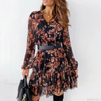 Vintage Floral Tie-up V-neck High Waist Ruffled Floral Dress