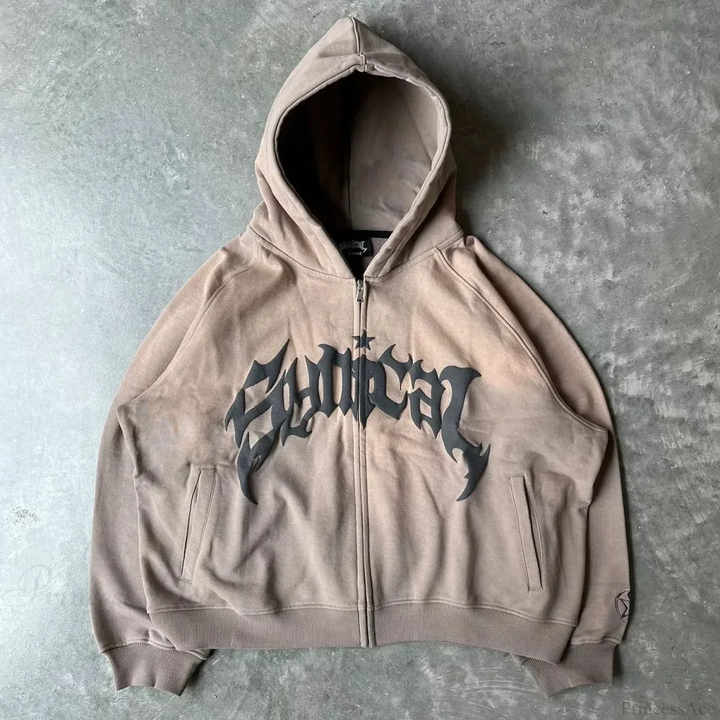 Vintage Gothic Printed Zipper Hoodie