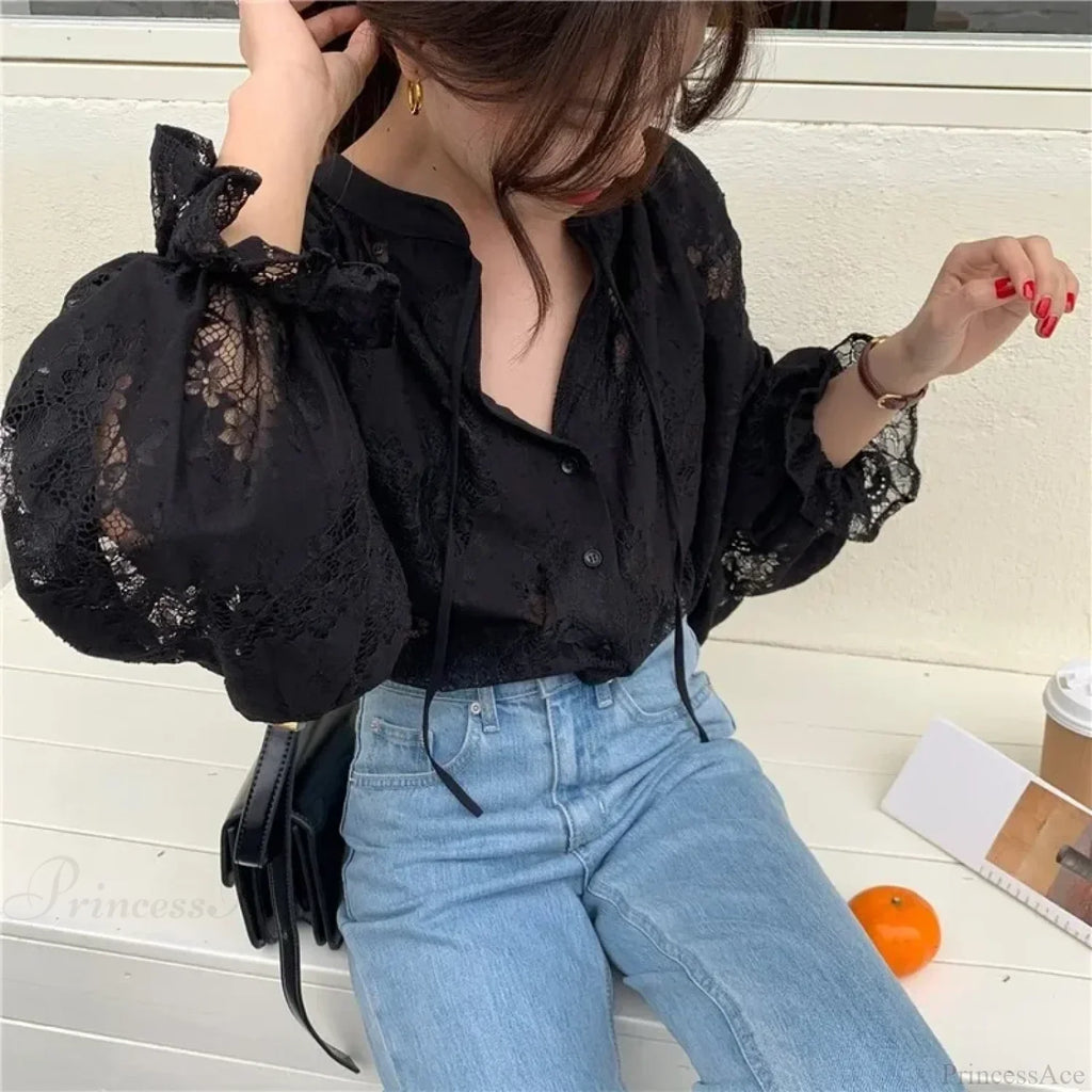 Vintage Hook Hollow Flower Lace Lantern Sleeve Blouse
