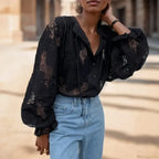 Vintage Hook Hollow Flower Lace Lantern Sleeve Blouse