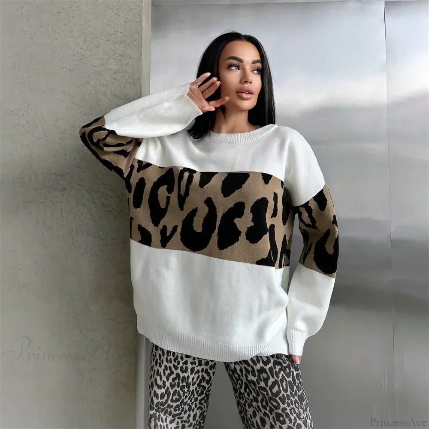 Vintage Leopard Print Loose Oversized Sweater