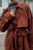 Vintage Maillard Notched Collar Suede Tie-Waist Overcoat