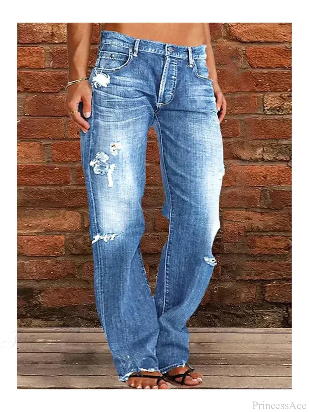 Vintage Middle-Waist Ripped Straight Blue Wide-Leg Denim Jeans