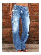 Vintage Middle-Waist Ripped Straight Blue Wide-Leg Denim Jeans