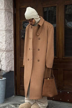 Vintage Pinstripe Notched Collar Wool Blend Overcoat