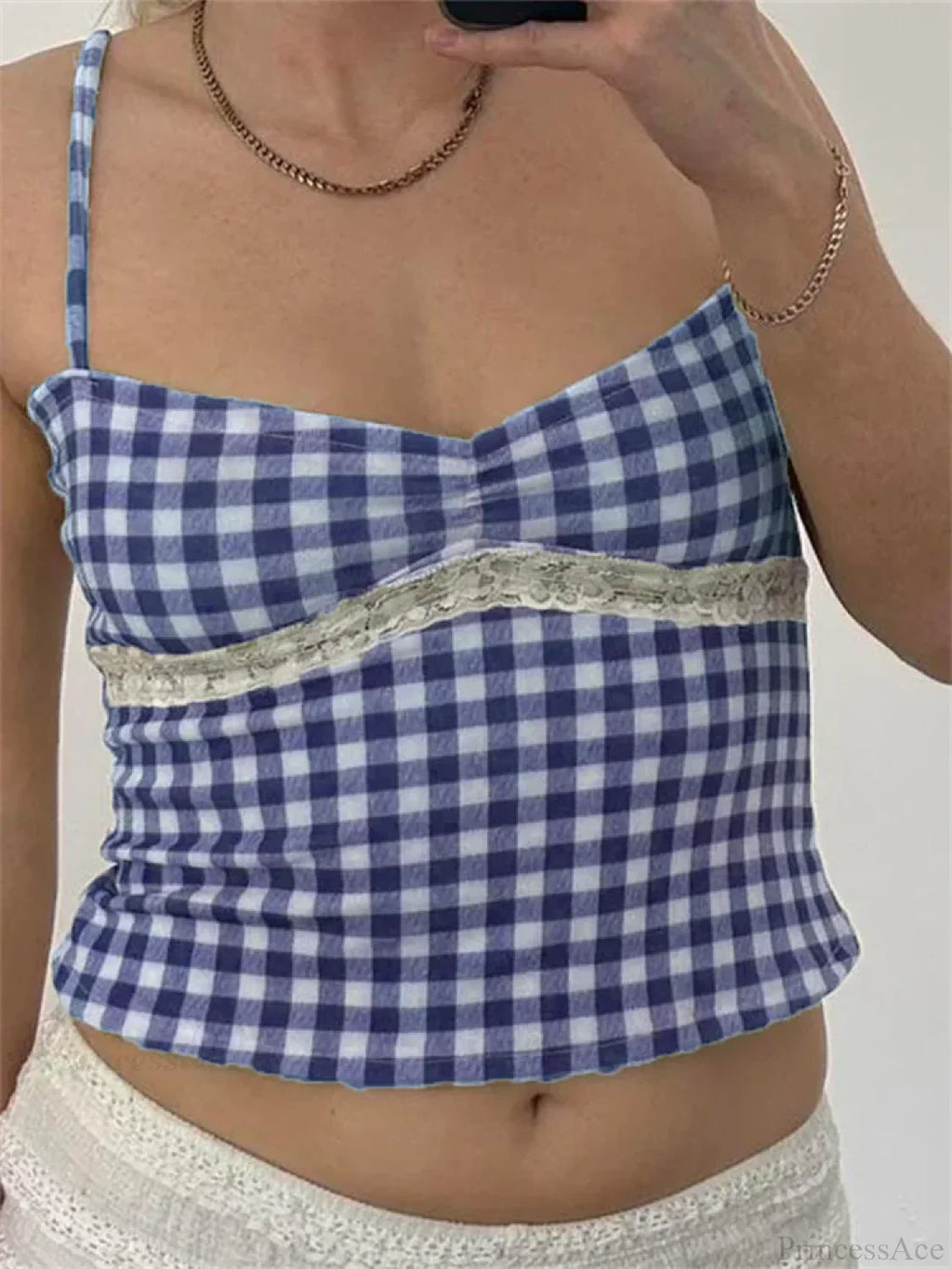 Vintage Plaid Lace Patchwork Spaghetti Crop Top