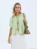 Vintage Plaid Tie-Up Blouse