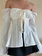 Vintage Puff Sleeve Tie-up Square Neck Blouse