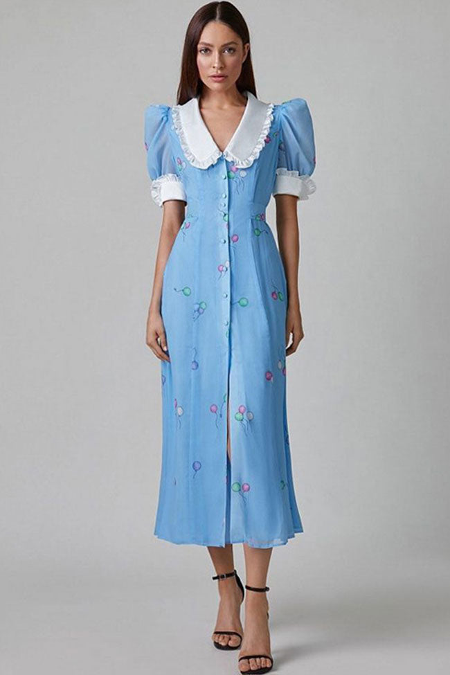 Vintage Ruffled Collar Puff Sleeve Button Up Printed Midi Shirt Dress - Blue