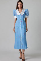 Vintage Ruffled Collar Puff Sleeve Button Up Printed Midi Shirt Dress - Blue