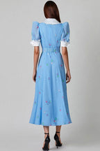 Vintage Ruffled Collar Puff Sleeve Button Up Printed Midi Shirt Dress - Blue