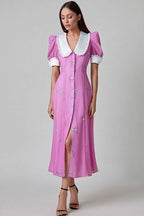 Vintage Ruffled Collar Puff Sleeve Button Up Printed Midi Shirt Dress - Pink