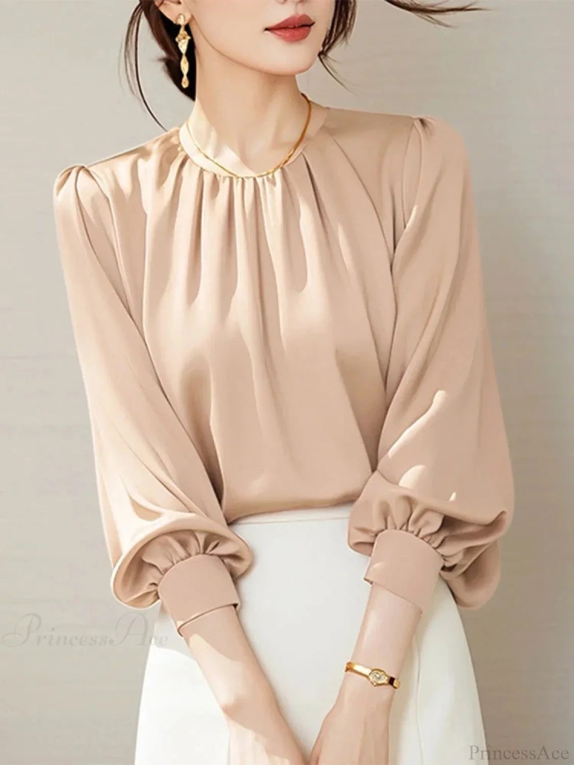Vintage Satin Pleating Blouse Casual Office Blouse