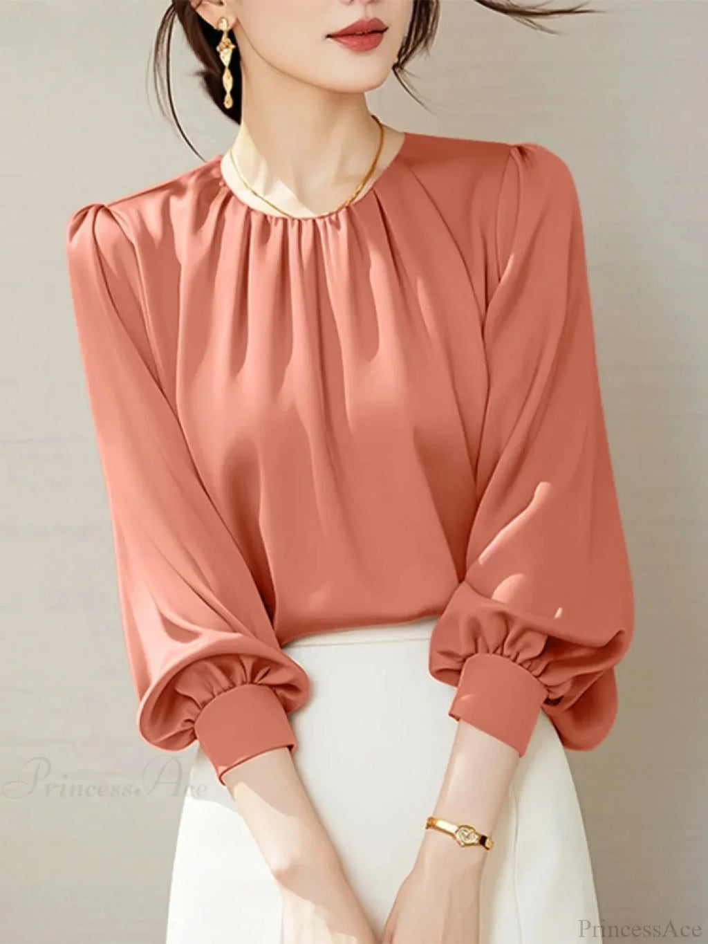 Vintage Satin Pleating Blouse Casual Office Blouse