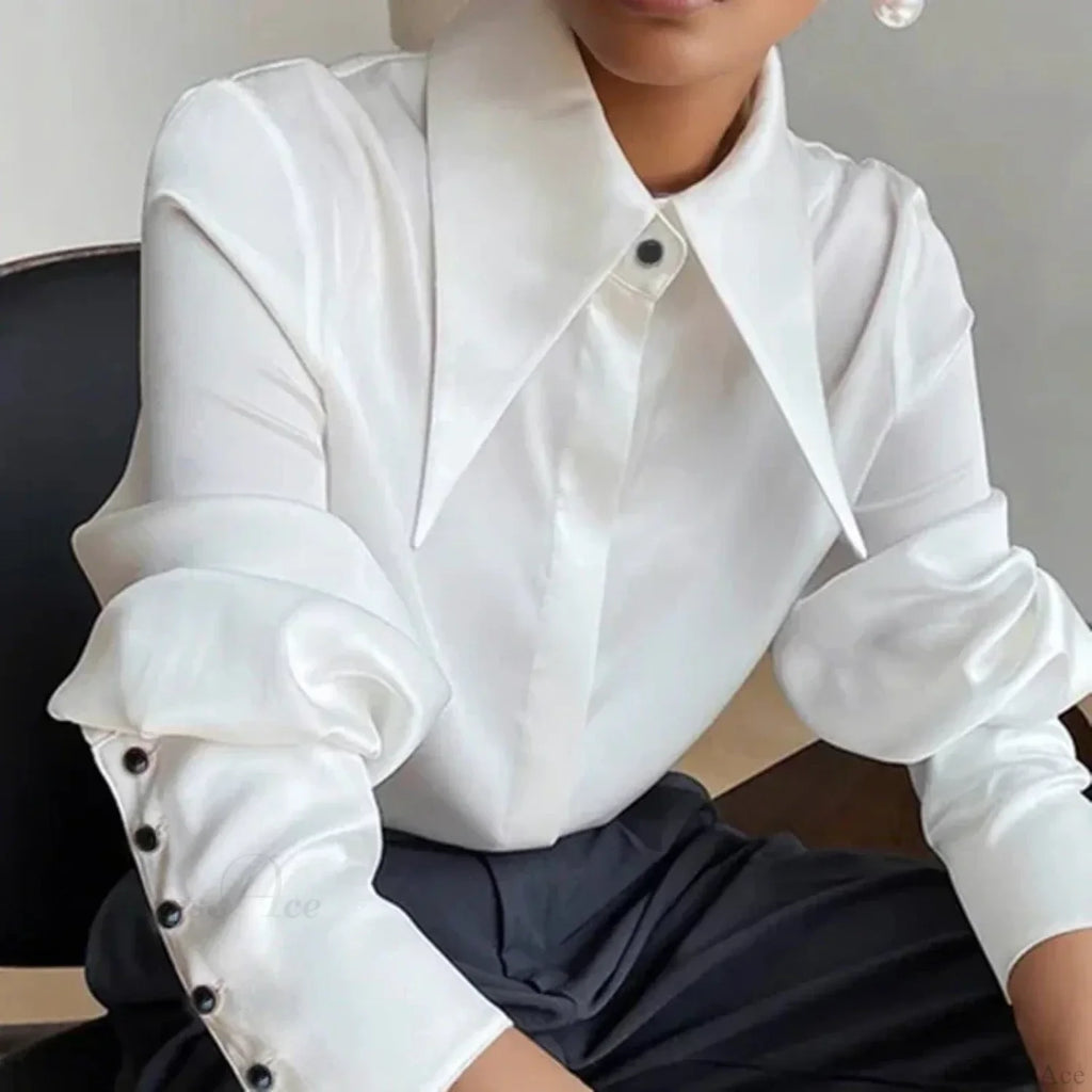 Vintage Satin Silk Turn Down Collar Blouse