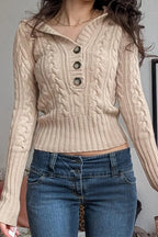 Vintage Solid Hooded Cropped Waist Button Long Sleeve Sweater