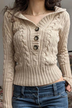 Vintage Solid Hooded Cropped Waist Button Long Sleeve Sweater