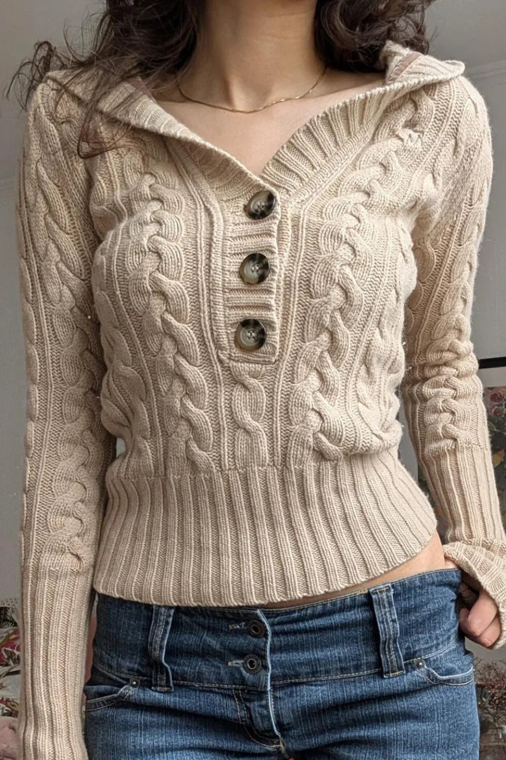 Vintage Solid Hooded Cropped Waist Button Long Sleeve Sweater