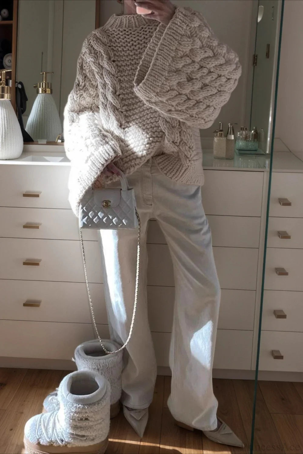 Vintage Stylish Crewneck Bell Sleeve Loose Sweater