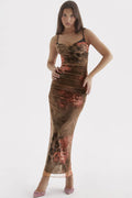 Vintage Sweetheart Ruched Trim Printed Mesh Slip Maxi Dress - Floral