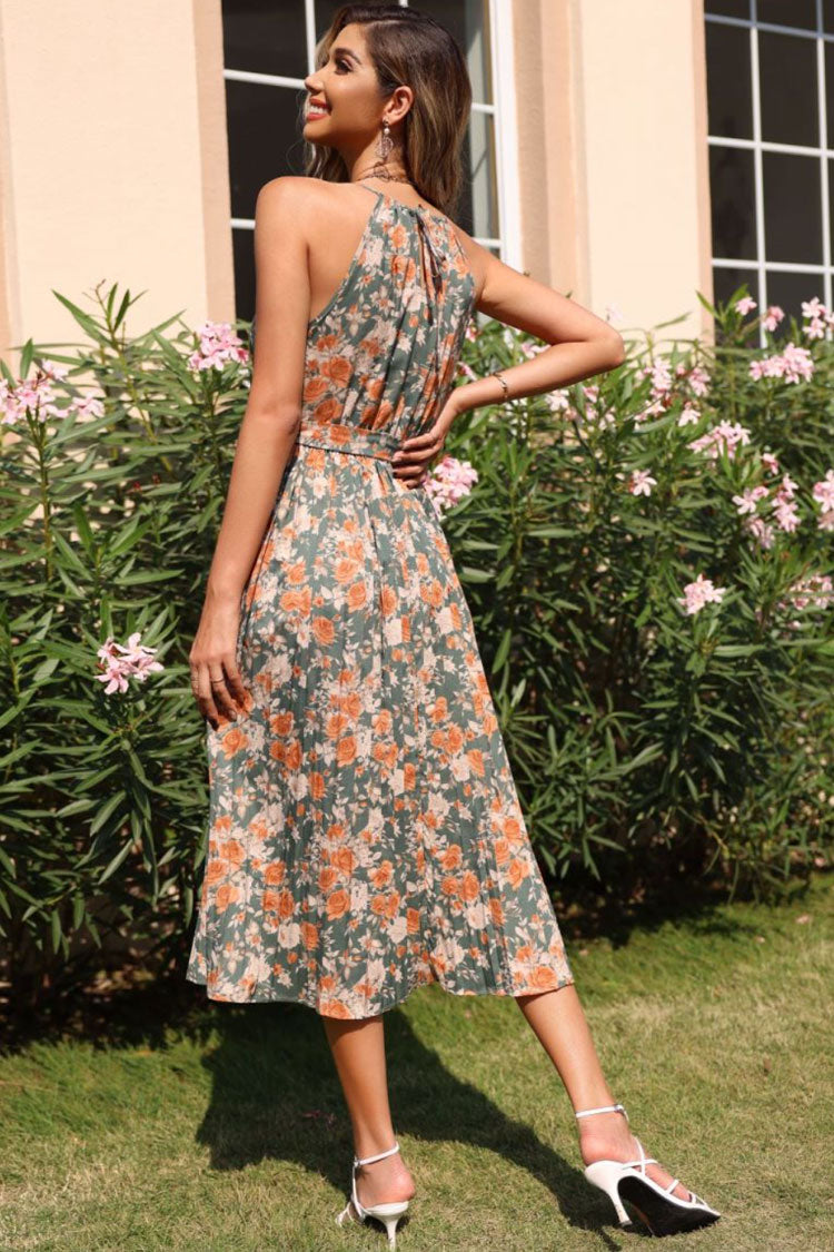 Vintage Tie Back A-line Pleated Floral Printed Midi Dress - Floral