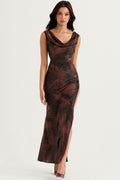 Vintage Tie Dye Cowl Neck High Split Satin Evening Maxi Dress - Brown