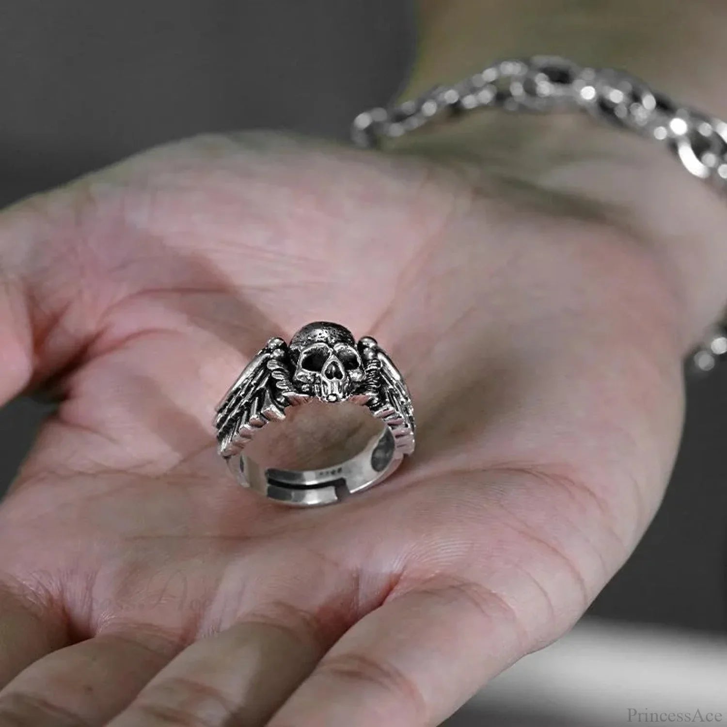 Vintage Wings Skeleton Head Dark Ring