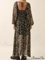 Vintage Women Bohemian Floral Print Summer Sleeve V Neck High Waist Chiffon Flowy Vestidos