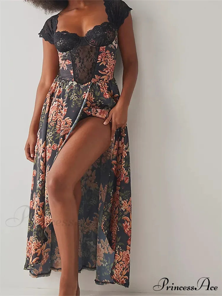 Vintage Women Lace Short Sleeve Casual Floral Print Backless Beach Party Split Summer Vestidos