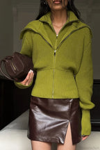 VintageTwo-in-one Solid Wide Lapel Zipper Sweater