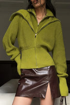 VintageTwo-in-one Solid Wide Lapel Zipper Sweater