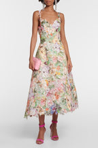 Teodora Timeless Purple Lace Midi Dress with Floral Embroidery Statement Occasion Edit