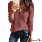 Waffle Neck Tops Knit Henley V for Women