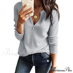 Waffle Neck Tops Knit Henley V for Women
