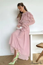 Waist Cinch Ruffled Semi Sheer Elegant Maxi Dress