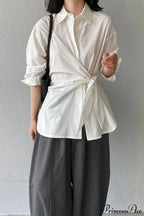 Waist Collared Mid-Length Office Blouse