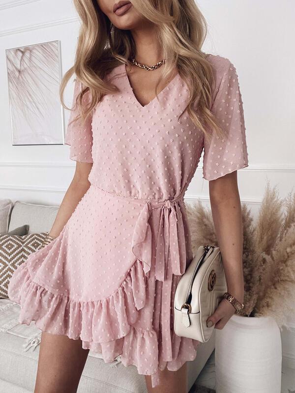 Waist V neck Short Sleeve Solid Color Dress