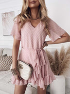 Waist V neck Short Sleeve Solid Color Dress