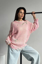 Washed Crew Neck Distressed Mid-Length Sweater
