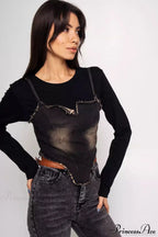 Washed Denim Cami Layered Slim Long Sleeve Tee