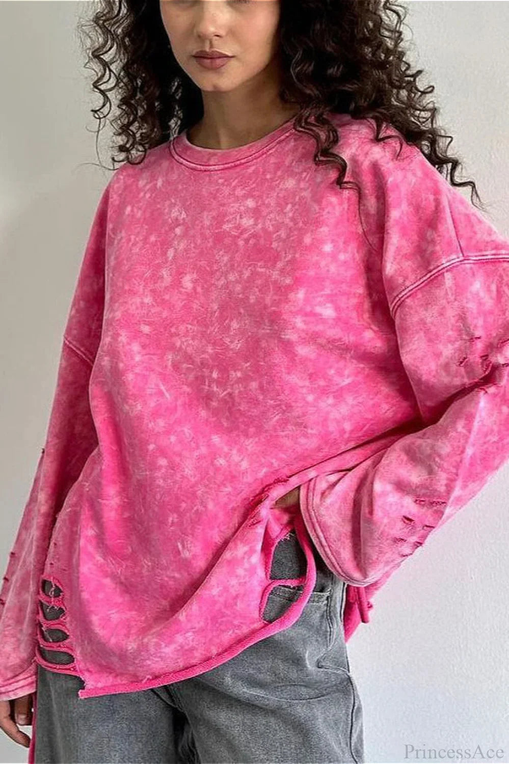 Washed Distressed Speckled Crew Neck Long Sleeve Tee